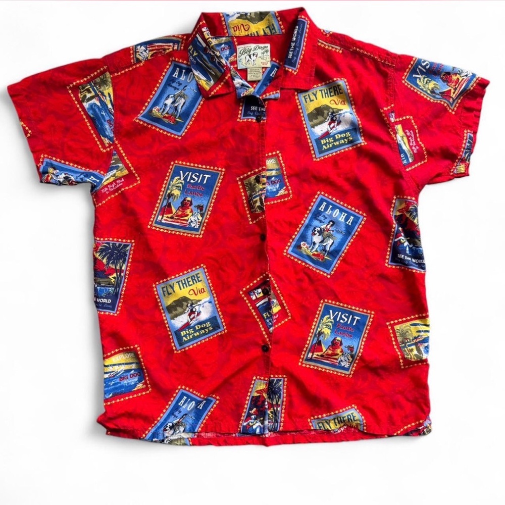 Vintage Big Dogs Red Aloha Hawaiian button up short-sleeve shirt Size: Large